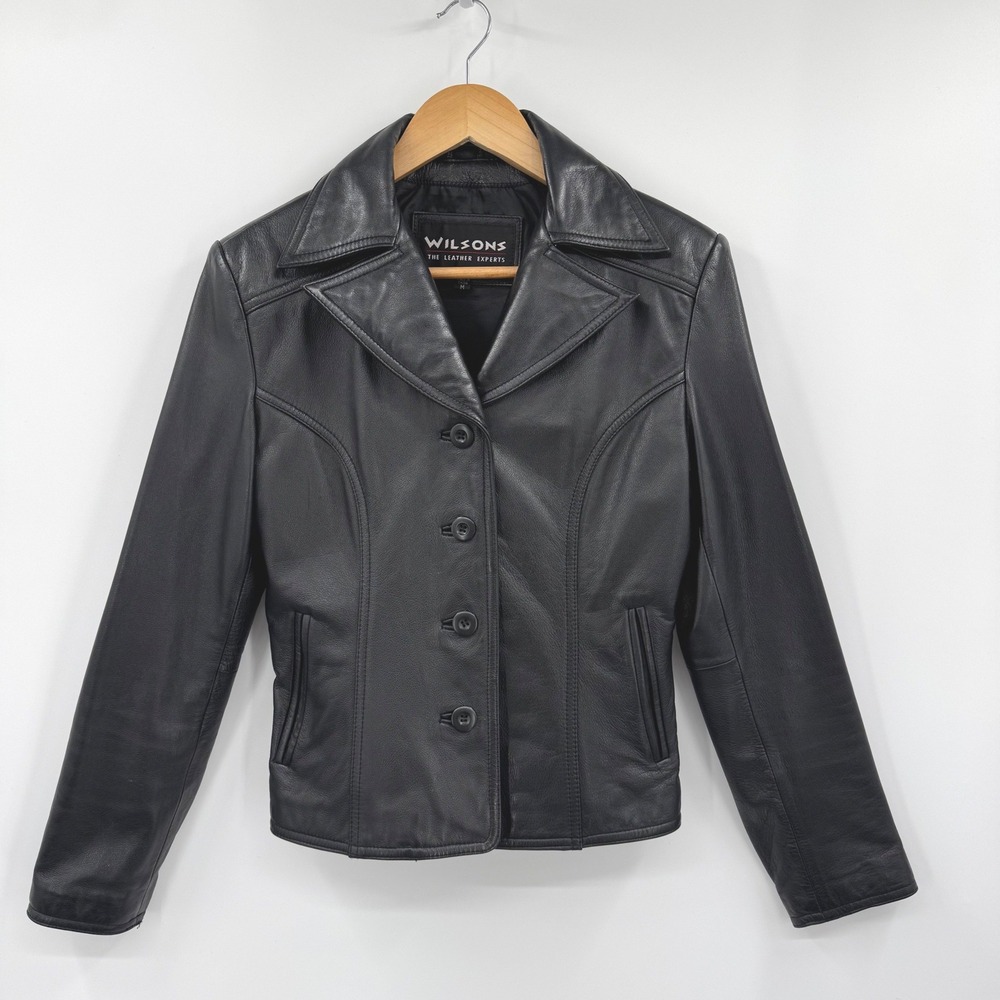 Wilsons Leather Jacket Womens Medium Black Button Front Blazer Coat